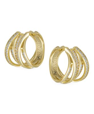Modern Five Rows Micro Pave CZ Wide Criss Cross Huggie Hoop Earrings Formal Party Yellow Gold Plated Hinge Style 0.6 Inch Diameter