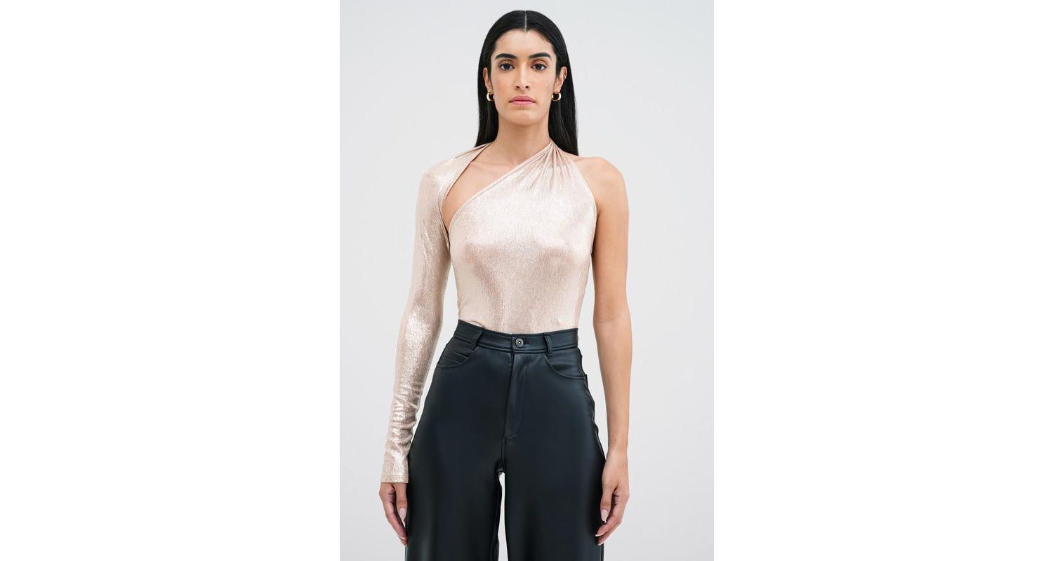 Women's Manhattan Metallic One-Shoulder Open-Back Long-Sleeve Top