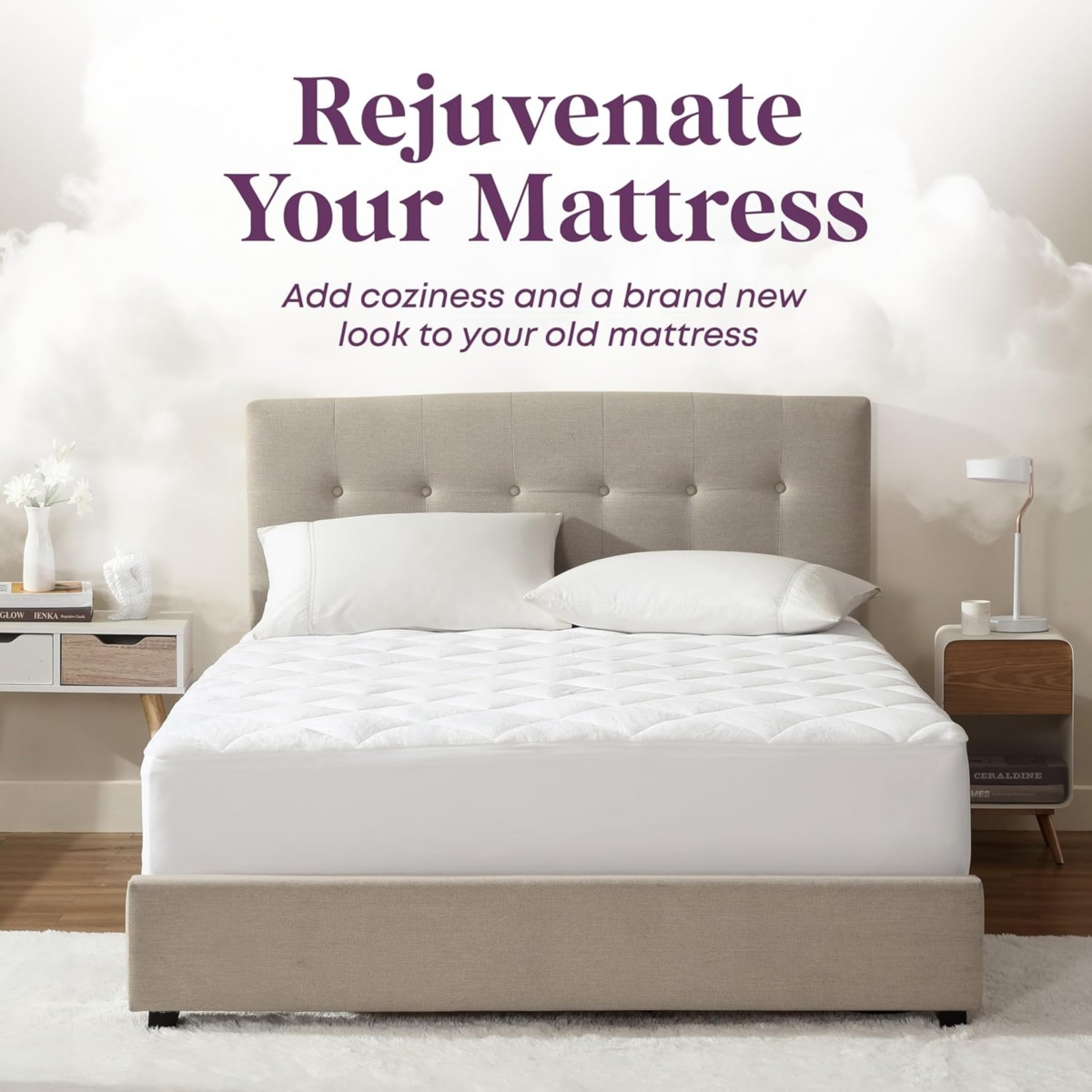 Circleshome Double Puff Microfiber Fleece Mattress Pad White
