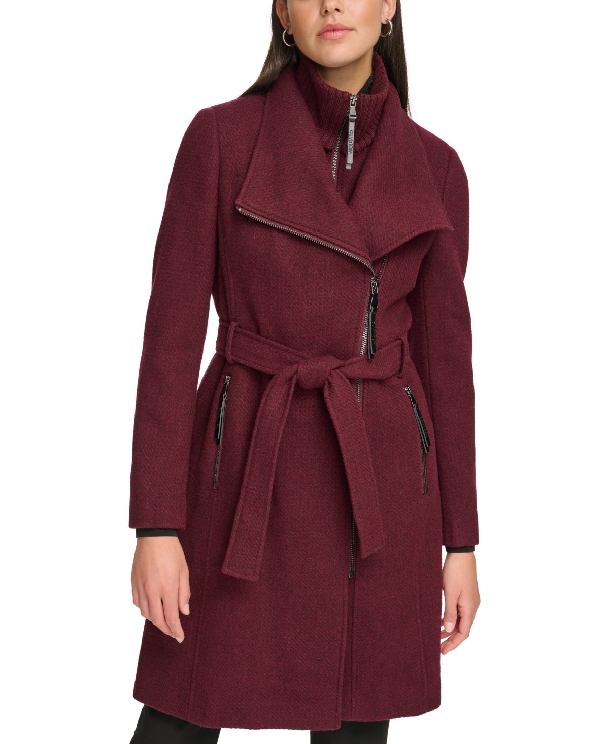 Calvin Klein Womens Wool Blend Belted Wrap Coat Created For Macys In Chianti ModeSens