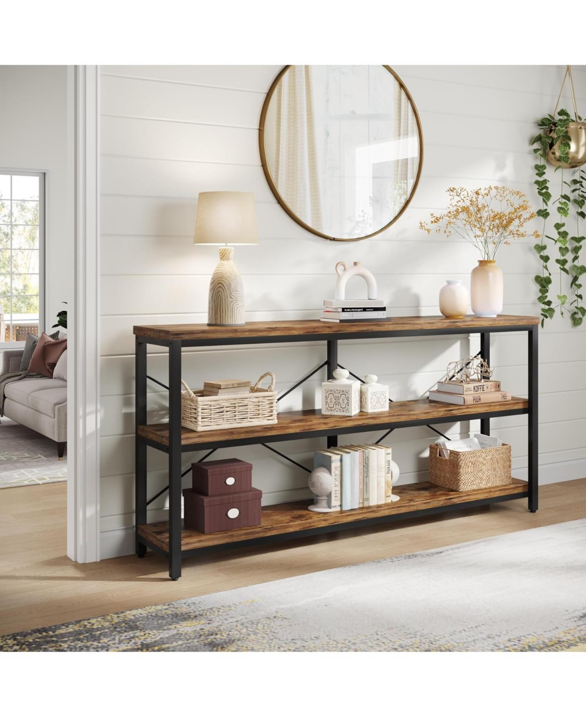 Tribesigns 55-Inch Industrial Sofa Table, 3-Tier Console Table with Metal Frame and Open Shelves - Brown and black