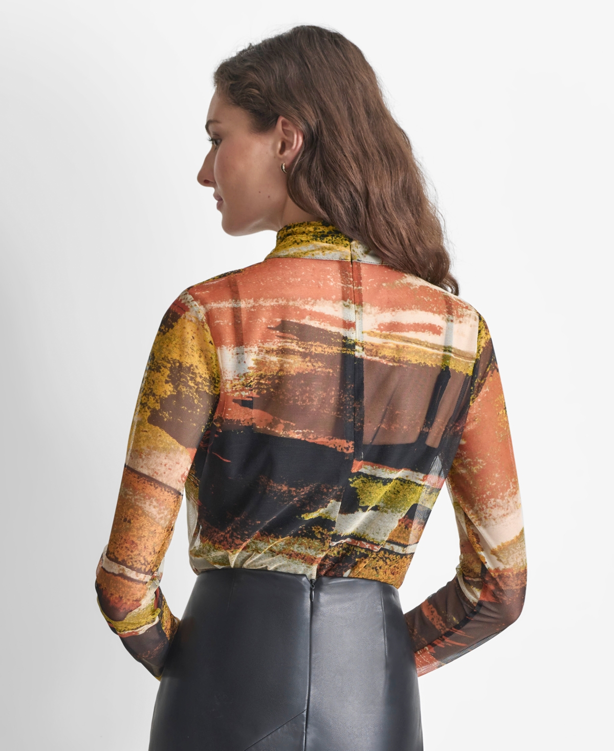 Dkny Women's Printed Turtleneck Long-Sleeve Mesh Top