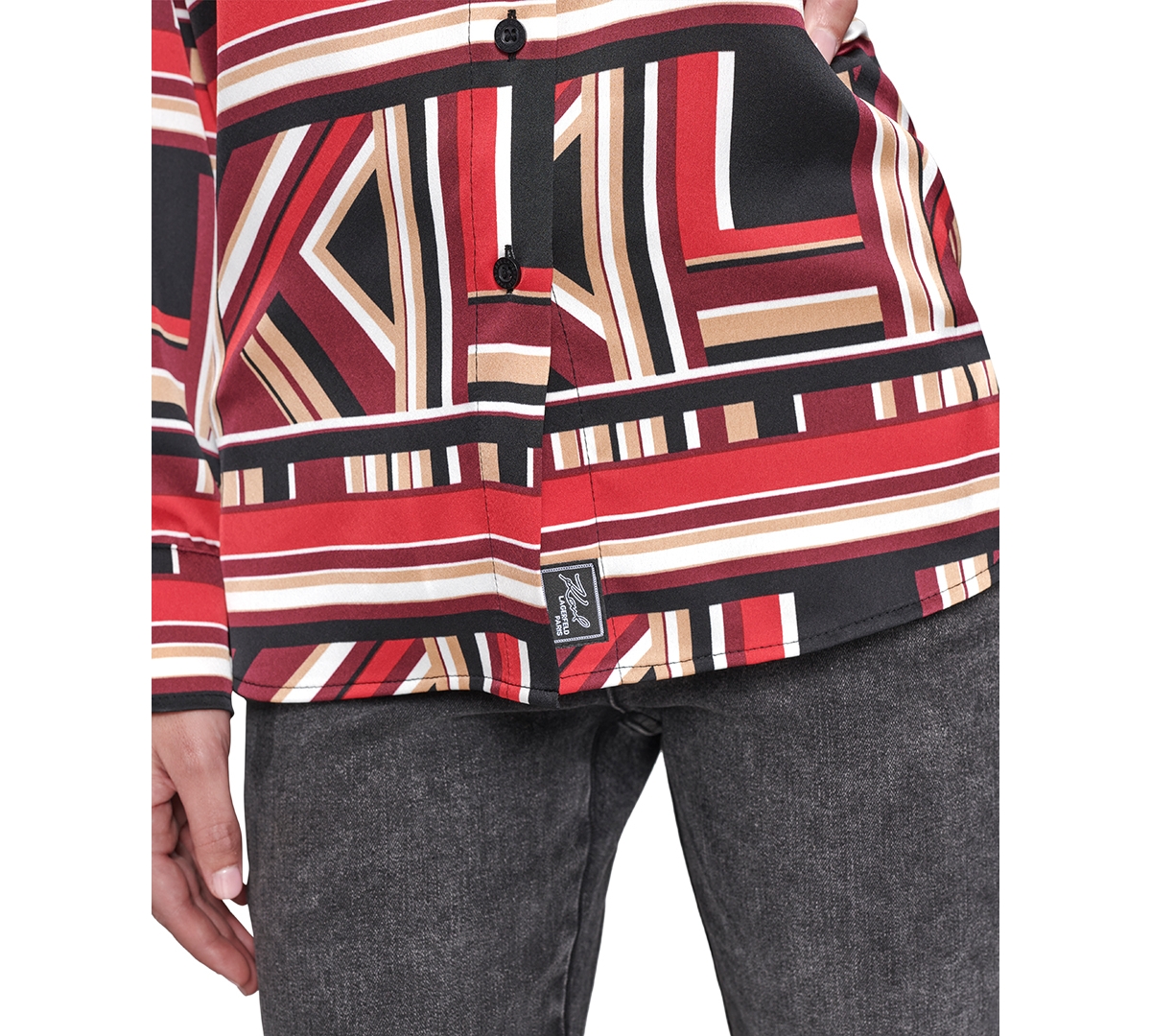 Karl Lagerfeld Paris Women's Oversized Geo-Printed Satin Button-Front Top - Black  Admiral Red