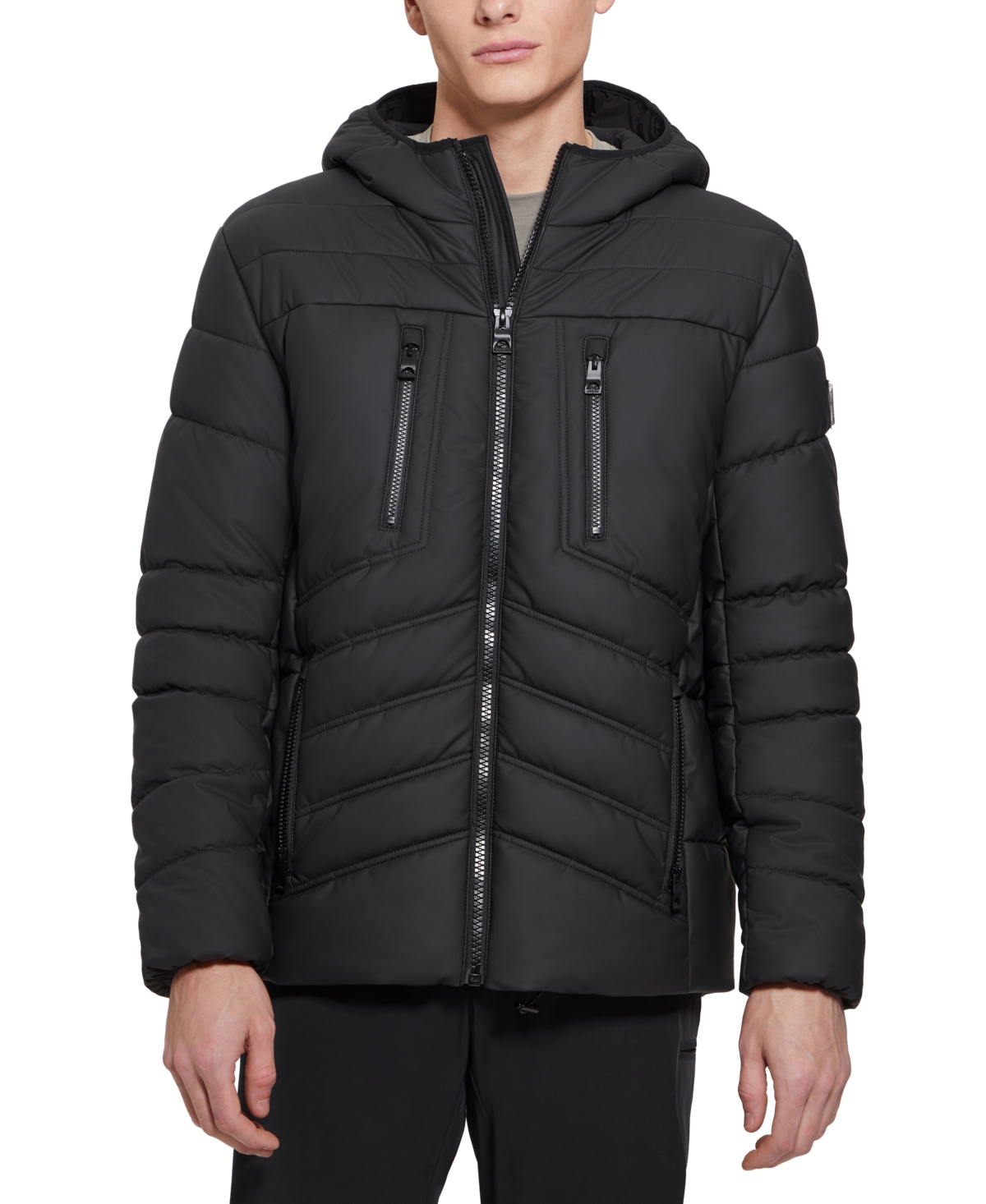 Men's Quilted Faux Leather Hooded Jacket - Olive Morning