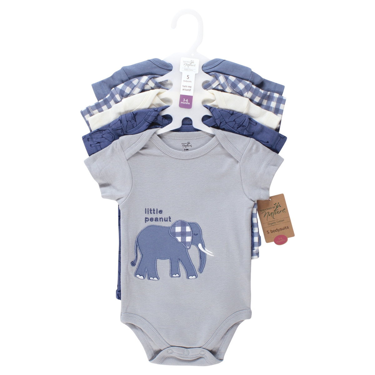 Touched by Nature Baby Boys Organic Cotton Bodysuits, Months - Blue peanut