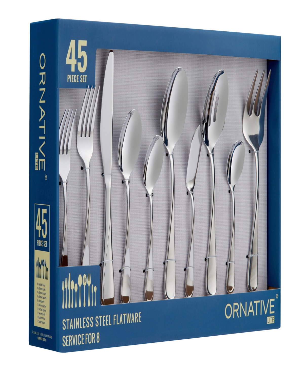 Ornative Noa Mirror Service For 8 45 Piece Flatware Set In Silver