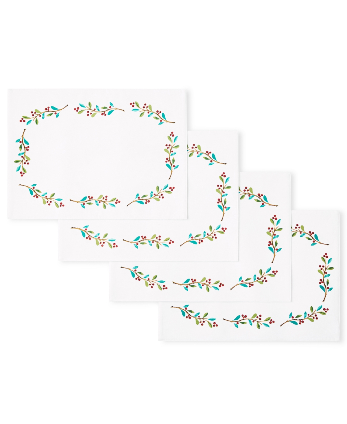 Holly Sprig Holiday Border Placemat 13" x 18", Set of 4 - White/Red/Green