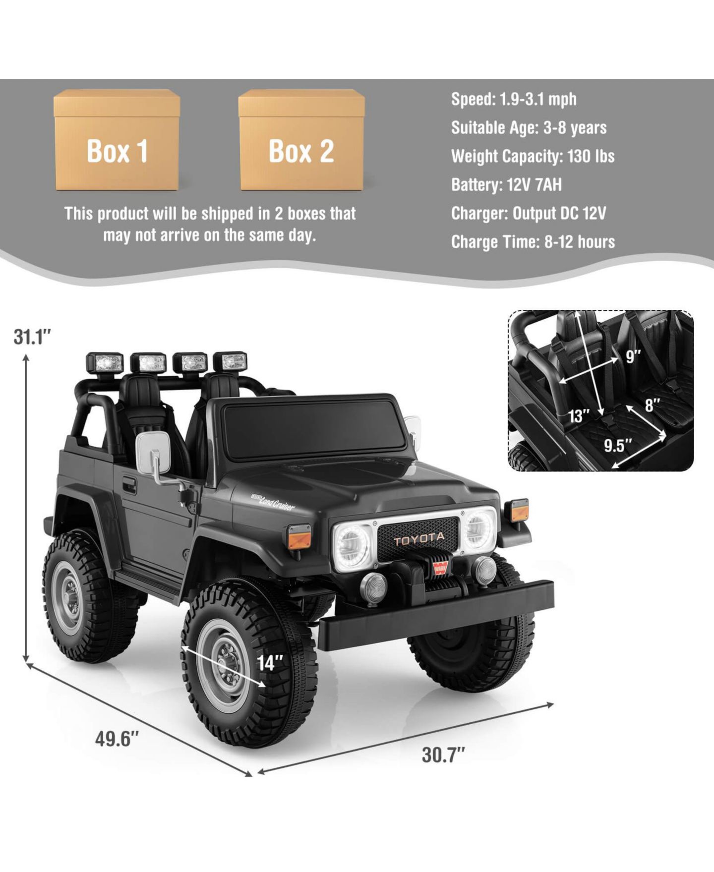 Детская игрушка SUGIFT 12V 2-Seat Officially Licensed Toyota FJ40 Ride-On Car with 2.4G Remote Control, Ages 3+, цвет: Чёрный — фото 6