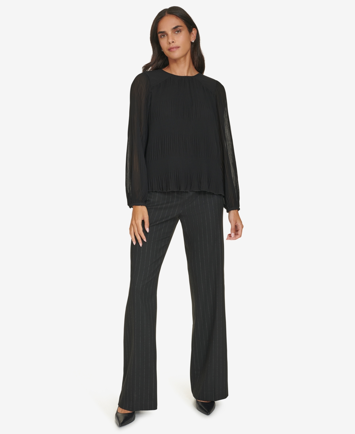 Calvin Klein Women's Pleated Long-Sleeve Crewneck Top