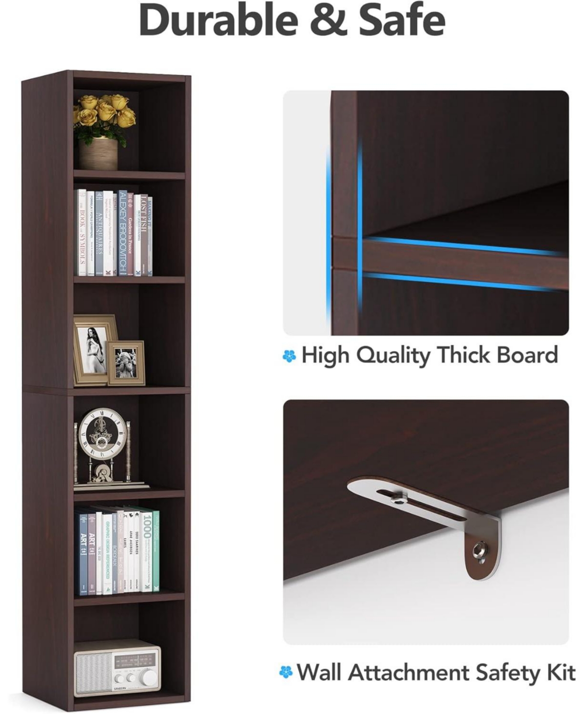 Tribesigns Tall Narrow Bookcase, Rustic Corner Bookcase with Storage, 6 Tier Cube Display Shelves for Home Office