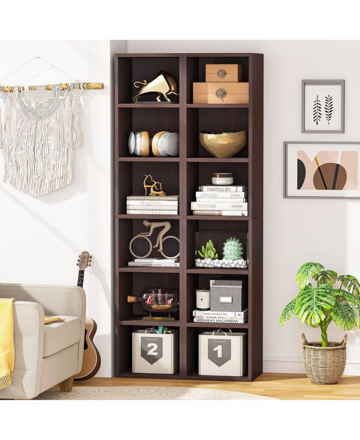Tribesigns Tall Narrow Bookcase, Rustic Corner Bookcase with Storage, 6 Tier Cube Display Shelves for Home Office