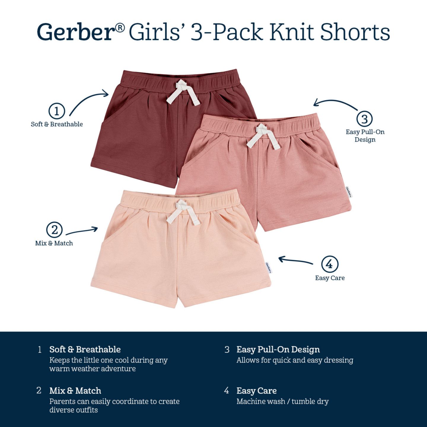 Шорты Gerber Knit Shorts, 3-Pack для девочек-малышей, цвет: Dusty Pinks — фото 7