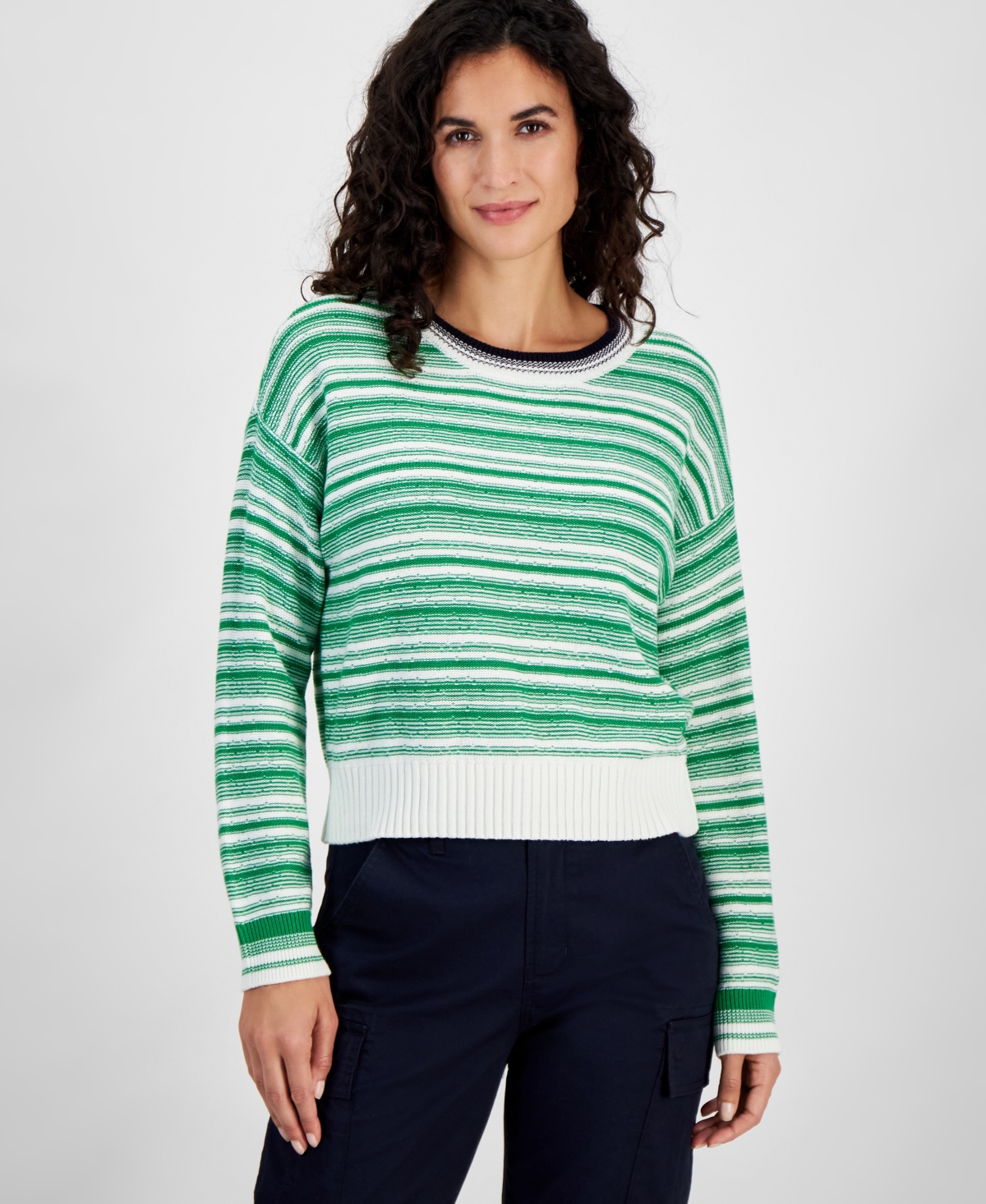 Nautica Jeans Women's Striped Dropped-Shoulder Sweater -green