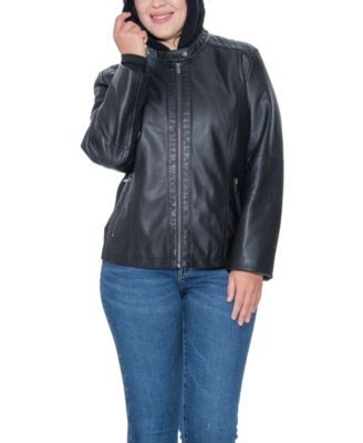 Plus Size Garment Dyed Faux Leather Zip Front Jacket With Detachable Sweater Knit Hood