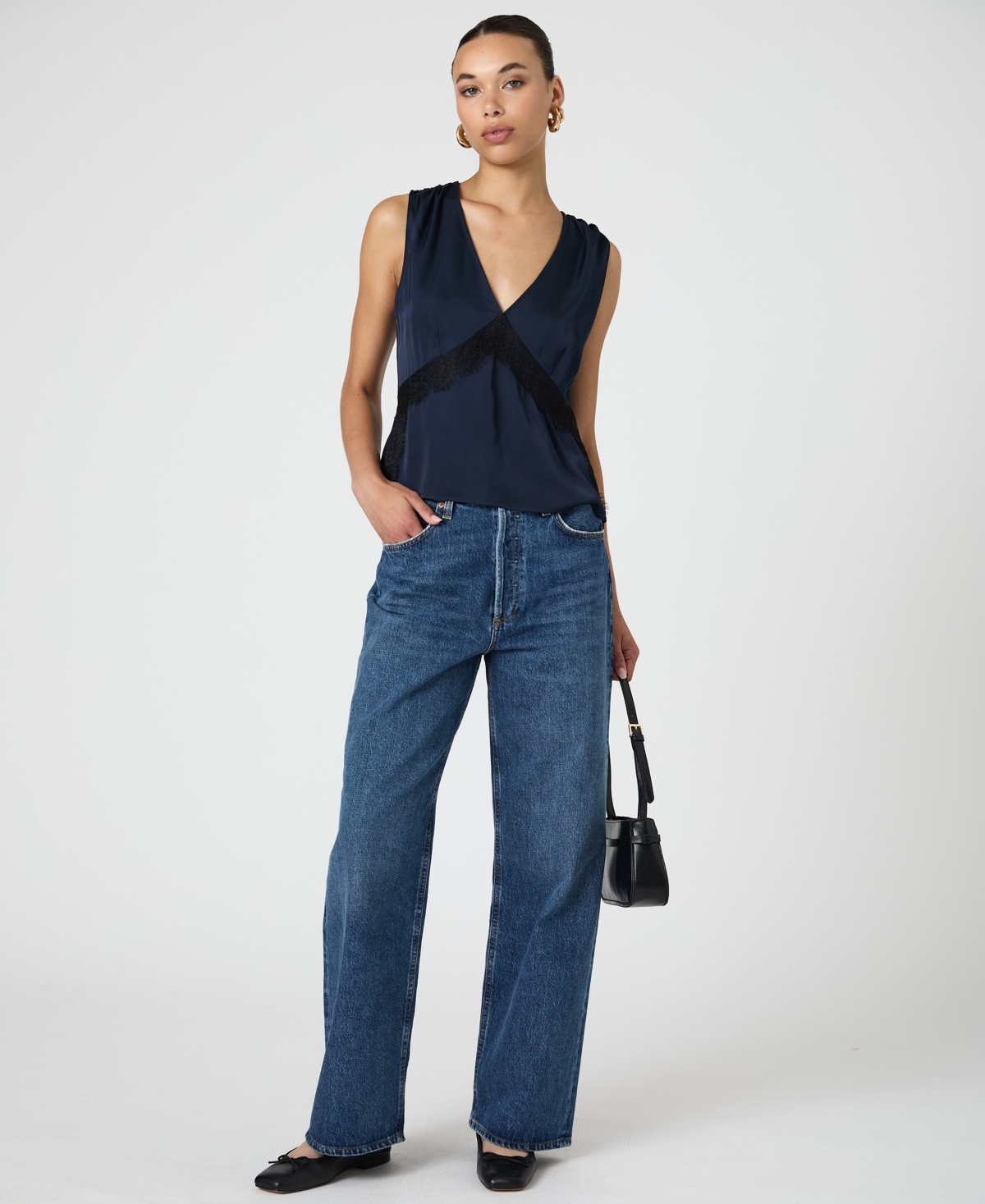 French Connection Women's Ennis Satin Lace-Trim Top -Black