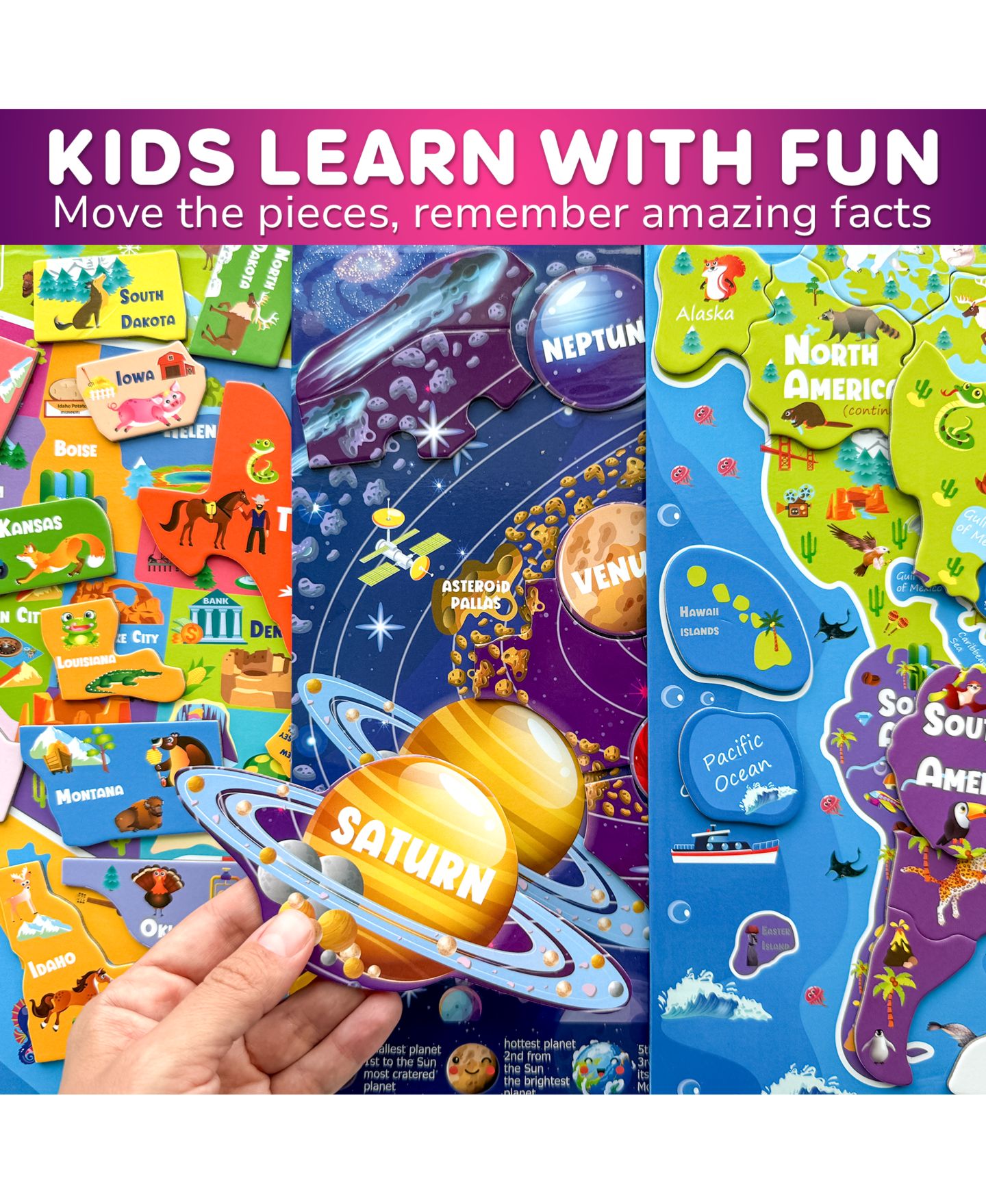 Детские игрушки Quokka World Map and Solar System Educational Puzzle Set, 3-Piece, Ages 3+, цвет: Magnetic — фото 4