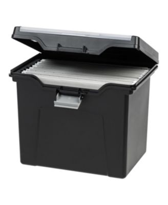 Portable Letter Size File Box with Built-In Organizer Lid and Handle for Hanging Folders, Large, Black