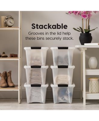 USA 13 Qt Stackable Plastic Storage Bins with Lids, 4 Pack - BPA-Free, Made in USA - Discreet Organizing Solution, Latches, Durable Nestable Containers, Secure Pull Handle - Pearl