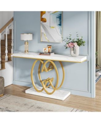 55-Inch Faux Marble Gold Geometric Metal Base Modern Console Table