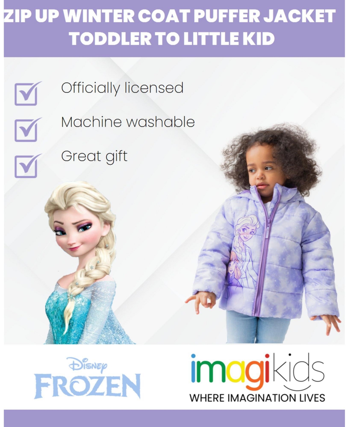 Disney Toddler Girls Frozen Zip Up Puffer Jacket to (2T - 7-8)