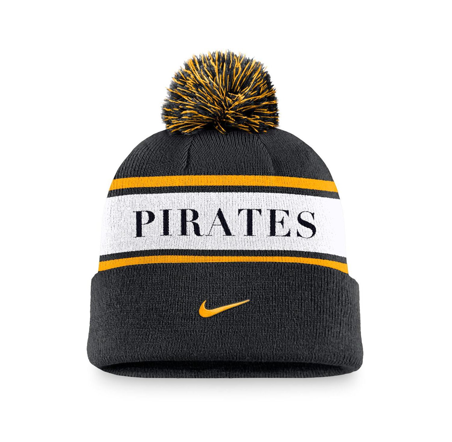 Men's Black Pittsburgh Pirates Team Stripe Peak Cuffed Knit Hat with Pom