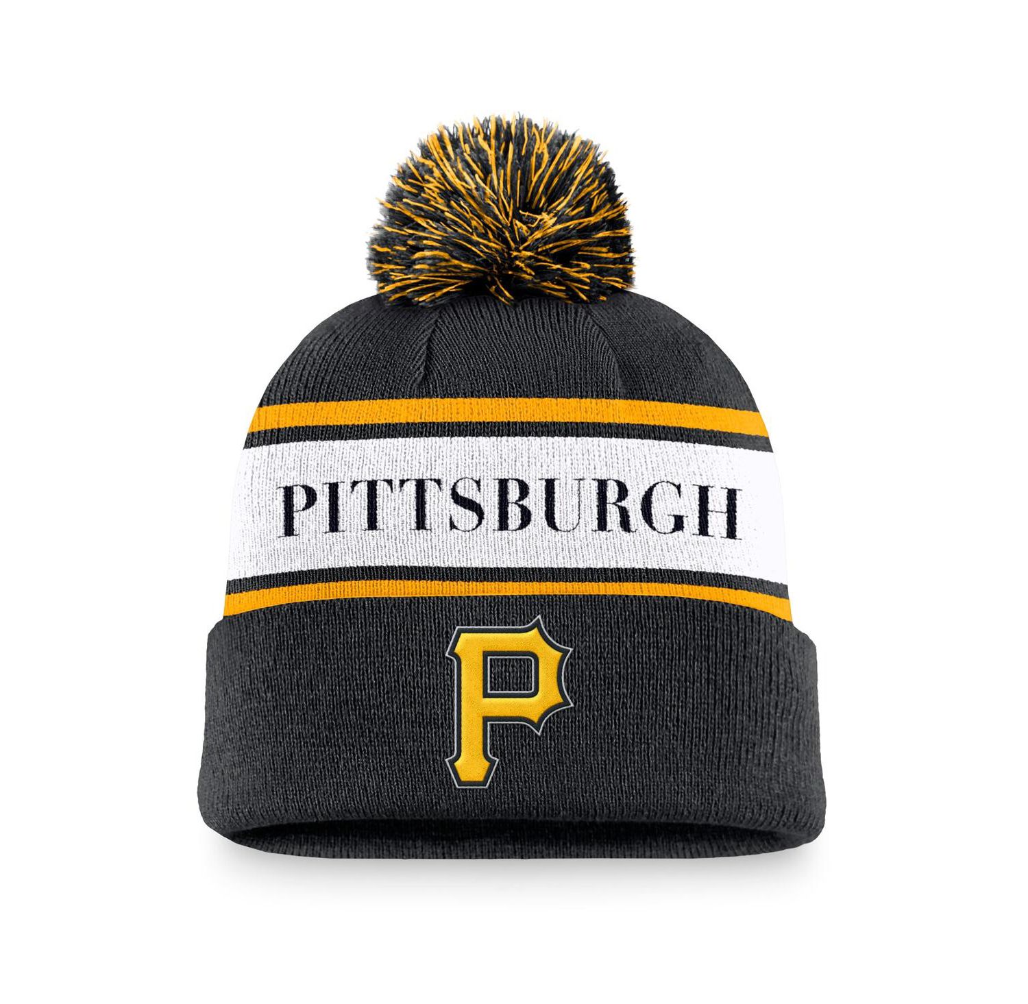 Men's Black Pittsburgh Pirates Team Stripe Peak Cuffed Knit Hat with Pom