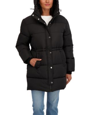 Women's 3/4 Cozy Lined Hooded Puffer Coat With Drawstring Waist