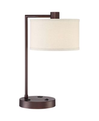 Colby Modern Desk Table Lamp with USB and AC Power Outlet in Base 21" High Bronze Metal Linen Uno Fitter Drum Shade for Living Room Bedroom House Bedside Nightstand Home Office - 360 Lighting