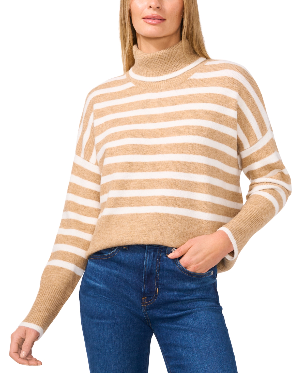 Cece Women's Striped Long Sleeve Turtleneck Sweater In Latte Heather