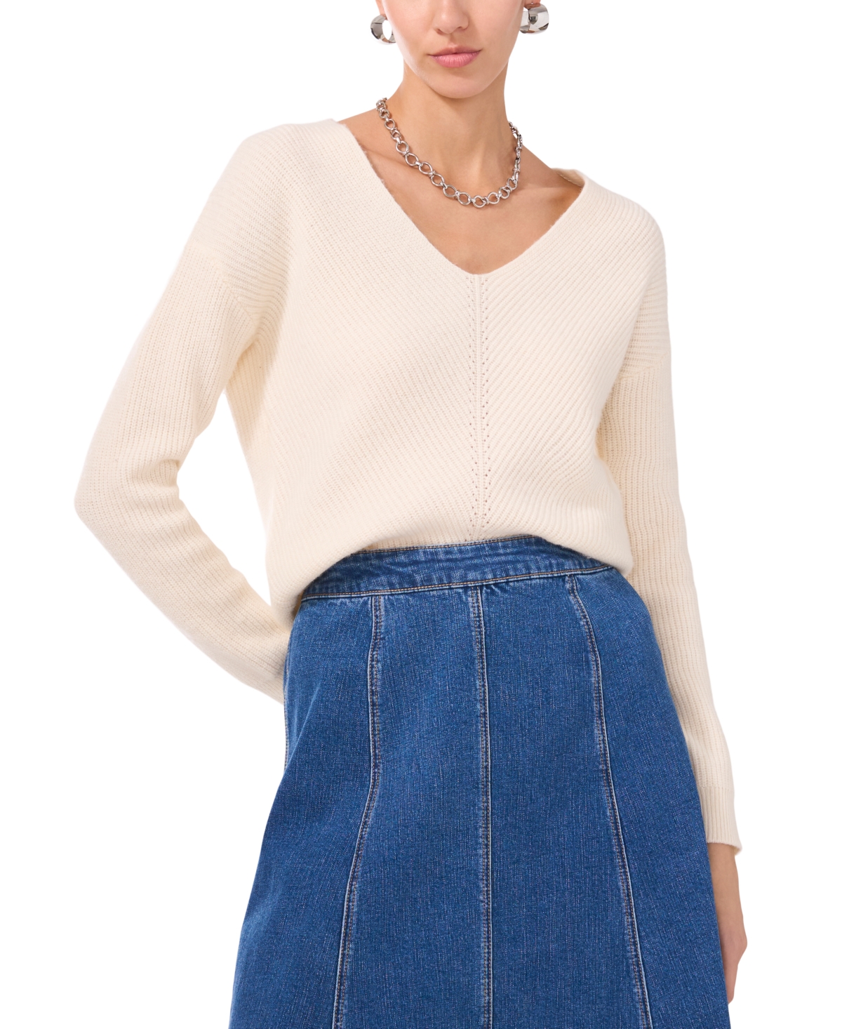 1.state Diagonal Rib V-neck Sweater In Antique White