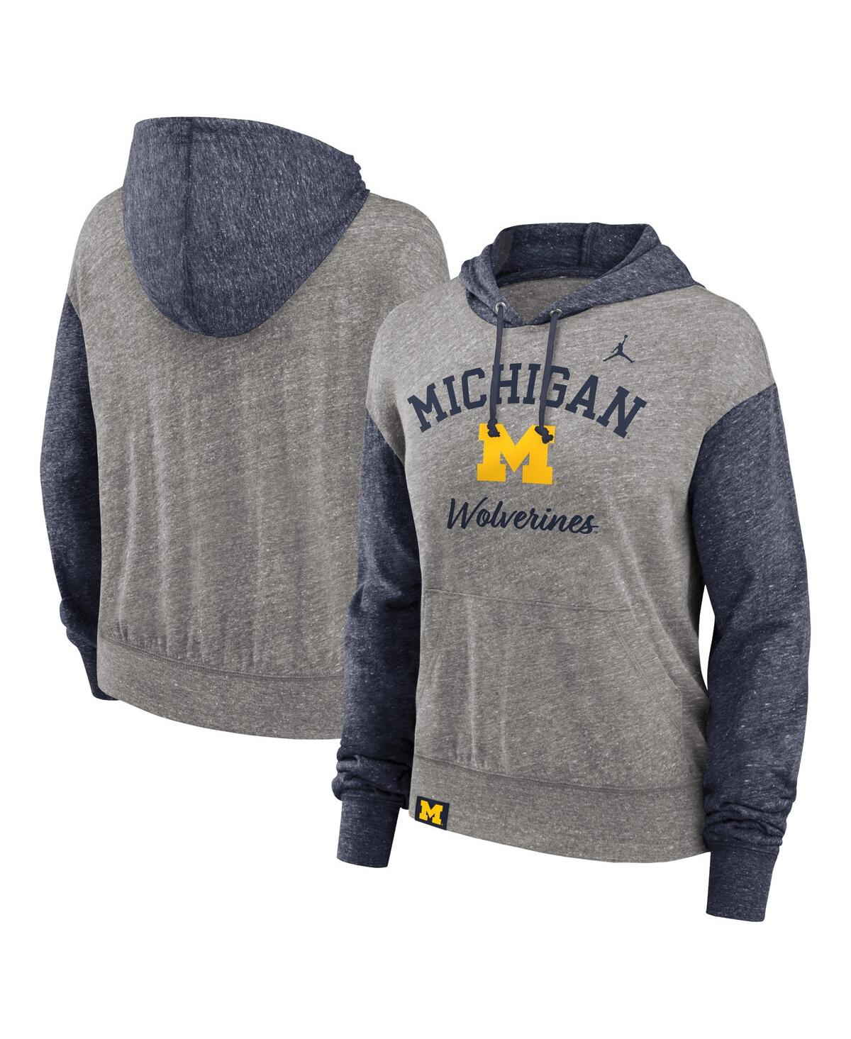 JORDAN WOMEN'S HEATHER GRAY/NAVY MICHIGAN WOLVERINES BLITZ COLOR BLOCKED LEGACY PULLOVER HOODIE 