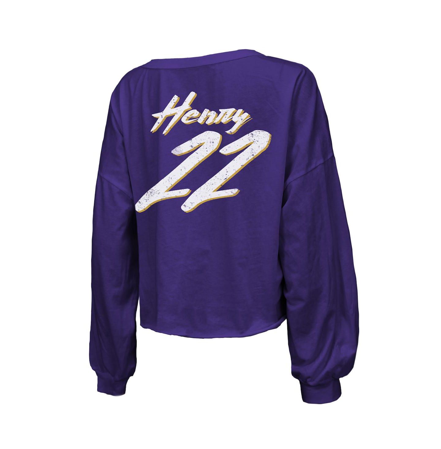 Женская футболка Majestic Derrick Henry Purple Baltimore Ravens Name & Number Off-Shoulder Script Cropped Long Sleeve V-Neck — фото 3