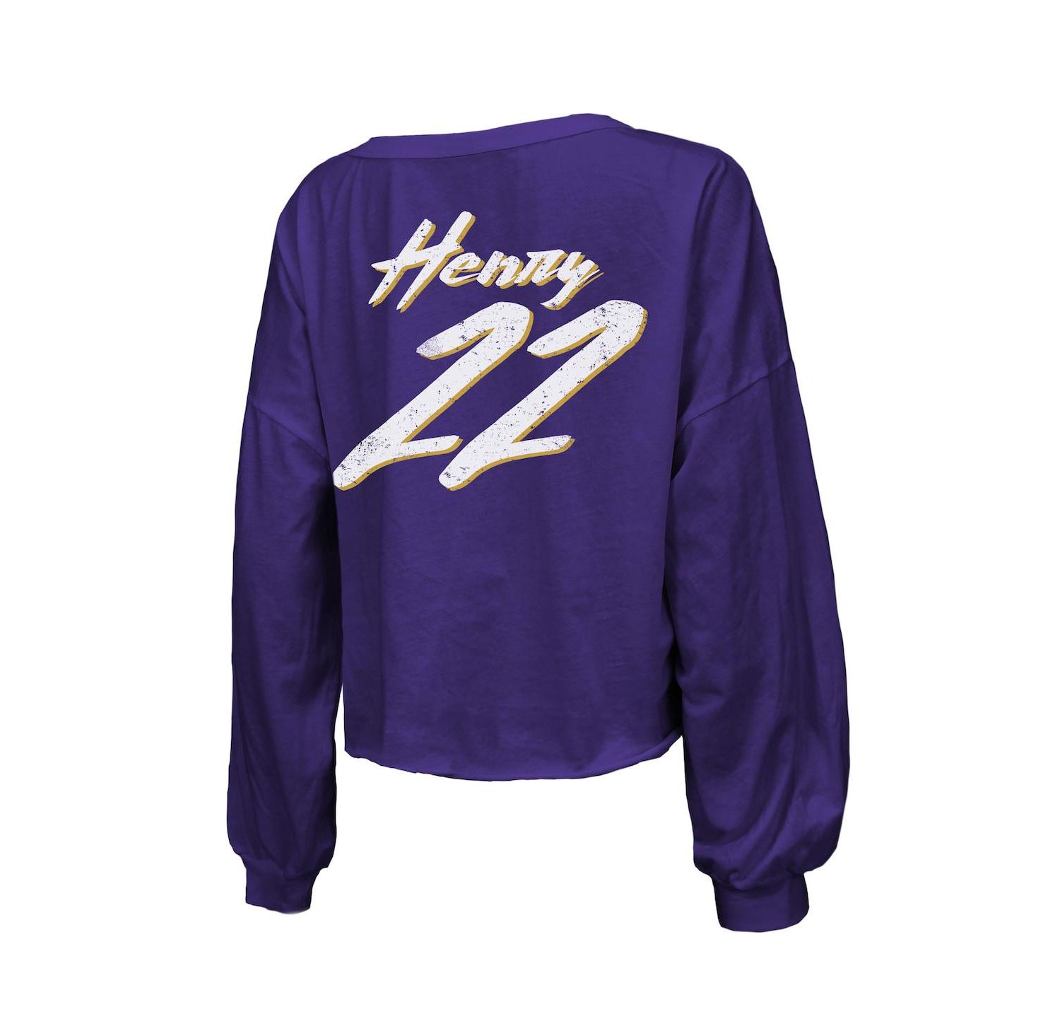 Women's Derrick Henry Purple Baltimore Ravens Name & Number Off-Shoulder Script Cropped Long Sleeve V-Neck T-Shirt