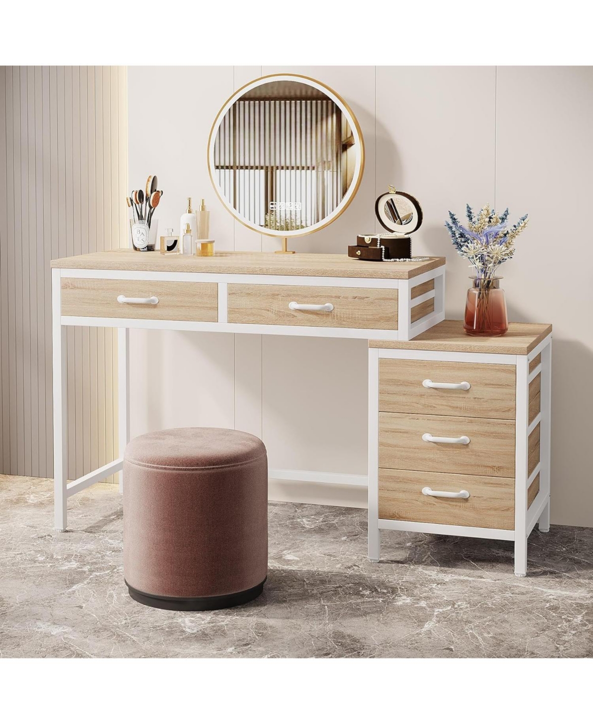 Tribesigns Vanity Desk with 5 Drawers, Makeup Vanity Table Dressing Table with Side 3-Drawer Chest, Make Up Vanities for Women, Girls (Without Mirror)