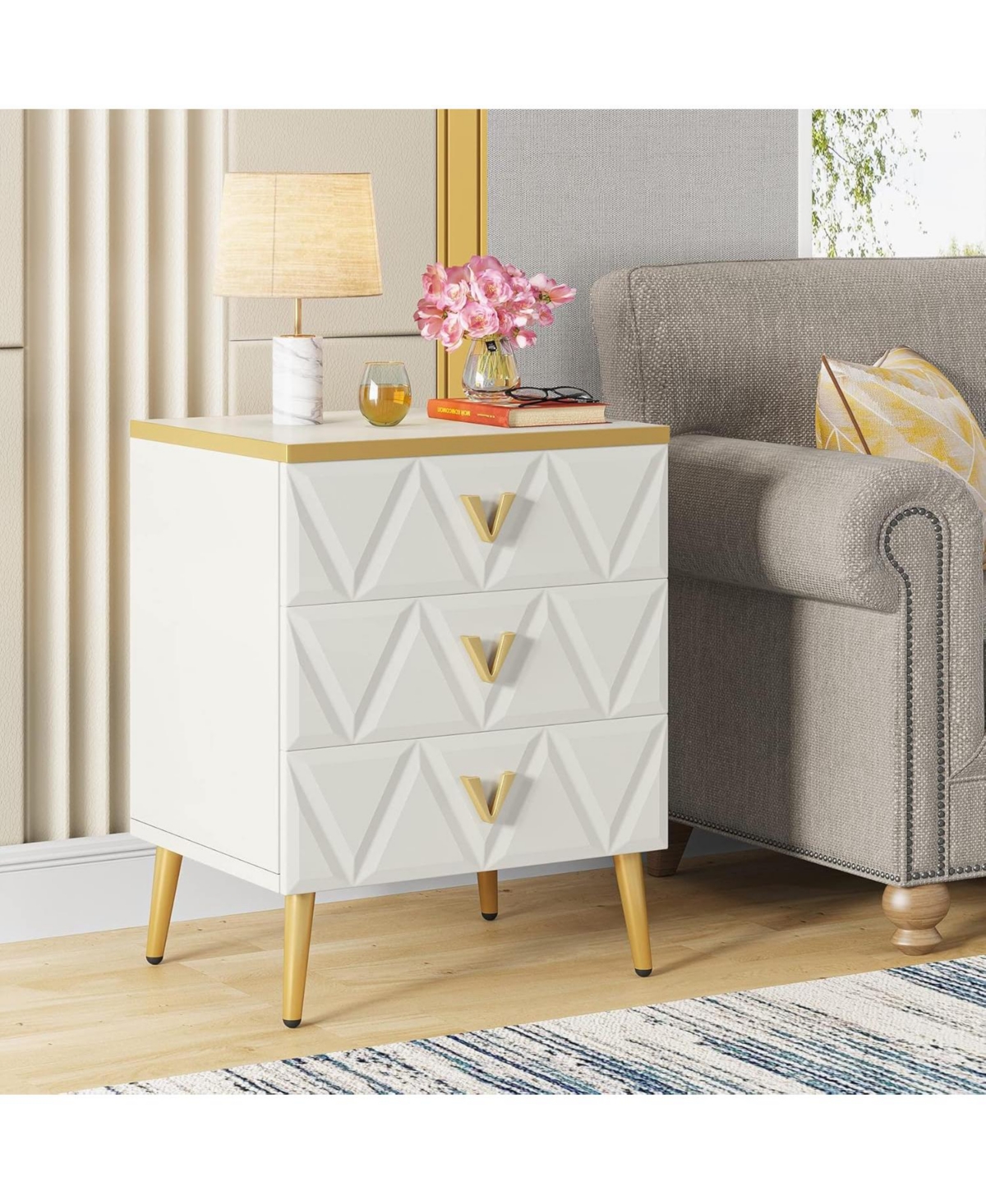 Tribesigns 3-Drawer Nightstand Set of 2, Luxury Bedside Table End Table with Storage Drawers and Golden Legs, Modern Nightstand for Bedroom - White an