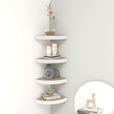Wall Corner Shelf Set of 4 Oak and White Honeycomb MDF, Metal