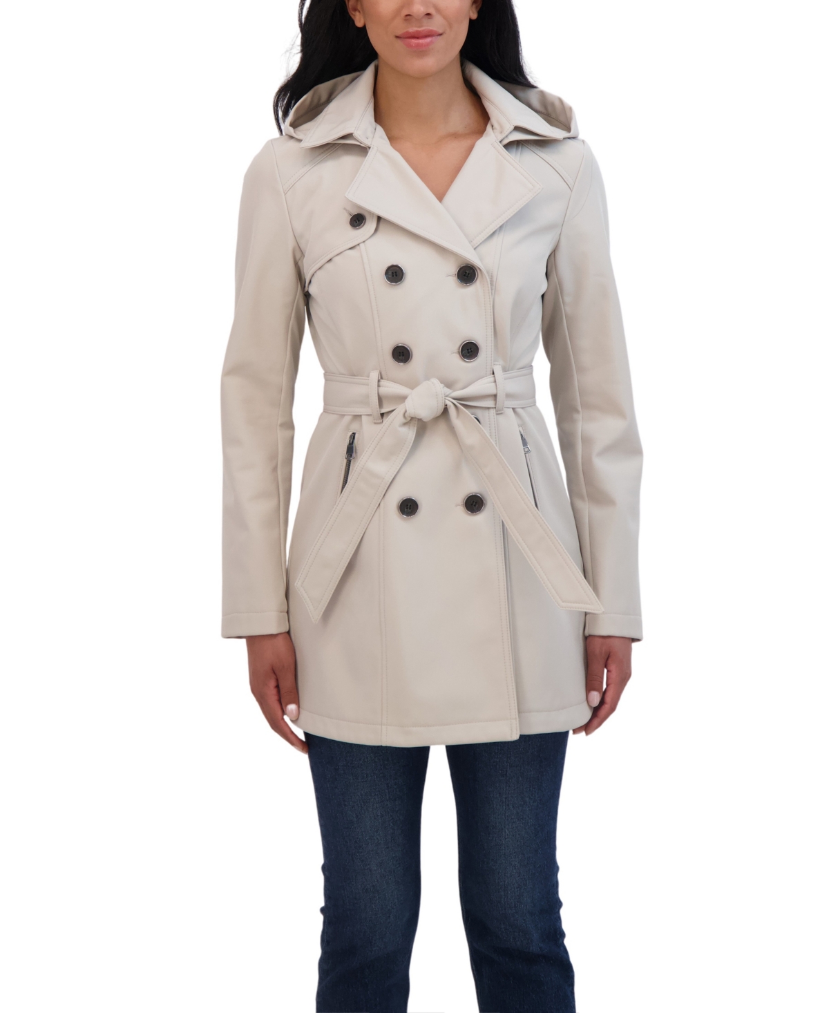 Sebby Collection Women's Belted Double Breasted Soft Shell Trench Coat With Detachable Hood