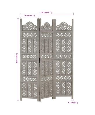 Hand carved 3-Panel Room Divider Gray 47.2"x65" Solid Mango Wood