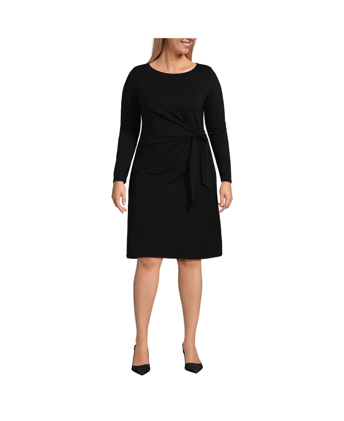 Plus Size Boatneck Long Sleeve Tie Waist Dress - Black