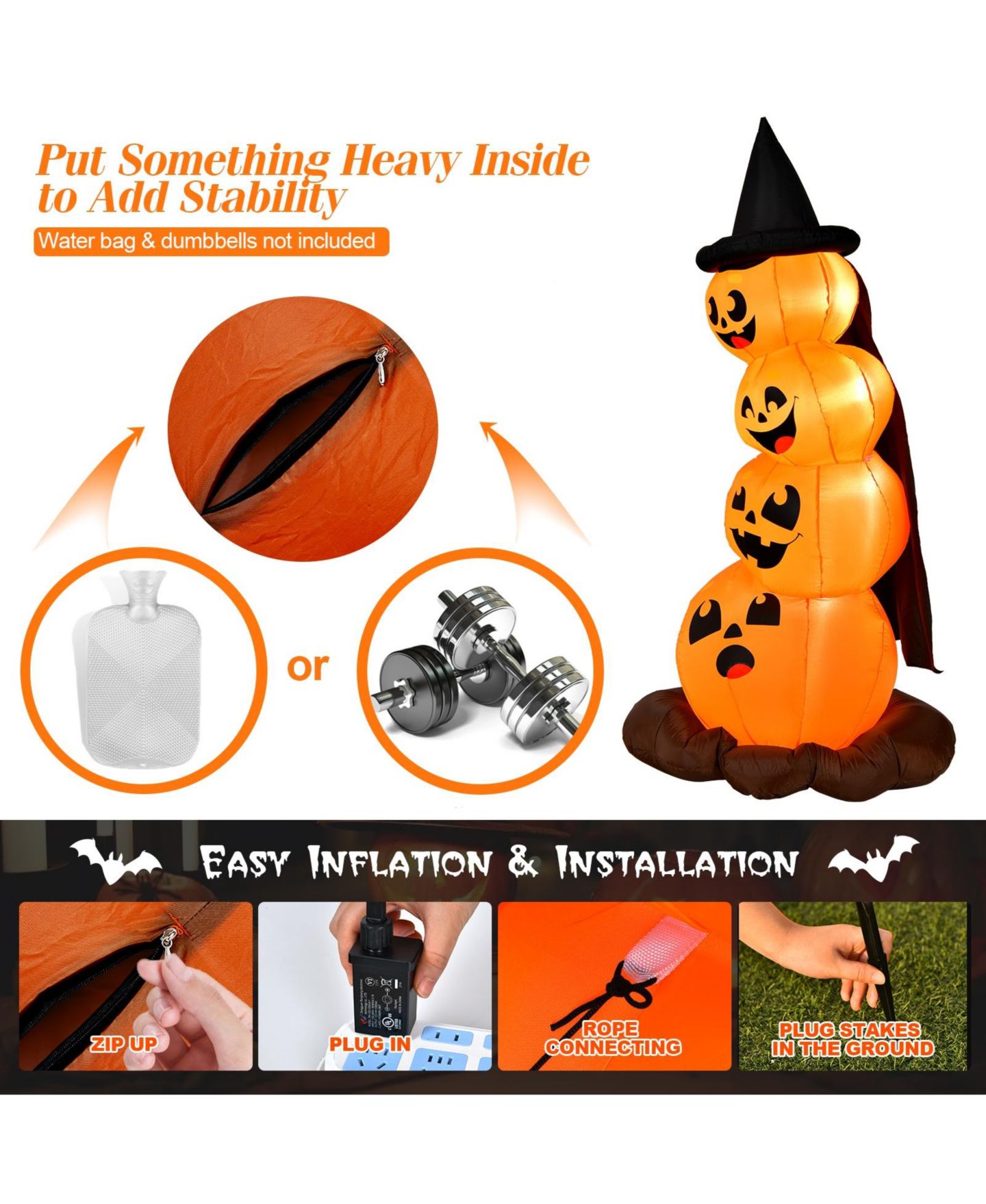 Детские игрушки VEBREDA 7 Feet Halloween Inflatable Pumpkin Combo with Witch's Hat and LED Lights, цвет: Оранжевый — фото 10