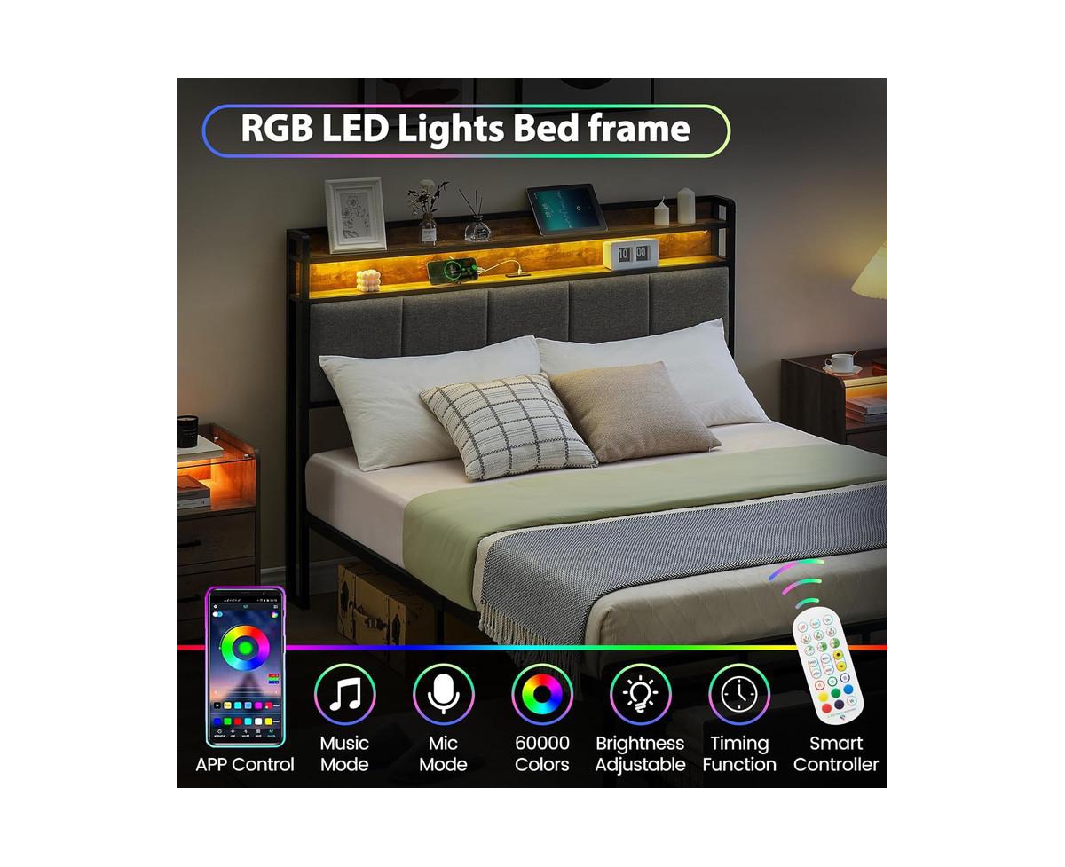 gaomon Size Bed Frame with Headboard and Storage Drawers, Upholstered Platform Bed Frame with Chargin Station and Led Lights, Heavy Duty, No Box
