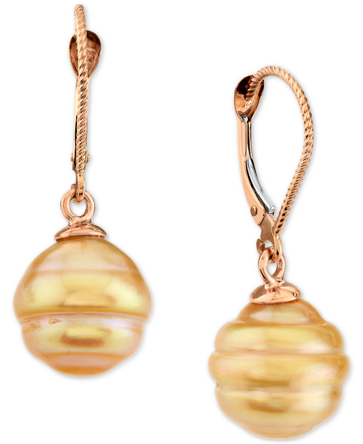 Macy's Cultured Golden South Sea Baroque Pearl (9-11mm) Leverback Drop Earrings In 14k Rose Gold In Gold