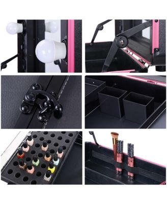 Rolling Makeup Case with Bulb Mirror Adjustable Leg Detachable Wheel