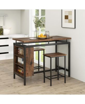 3 Pieces Dining Table Set with 3-Tier Storage Shelf and Metal Frame-Brown