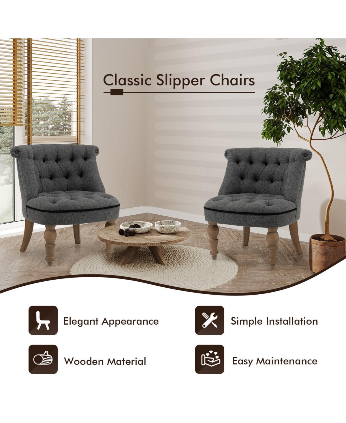 Sugift Set of 2 Upholstered Armless Slipper Chairs with Beech Wood Legs-Gray