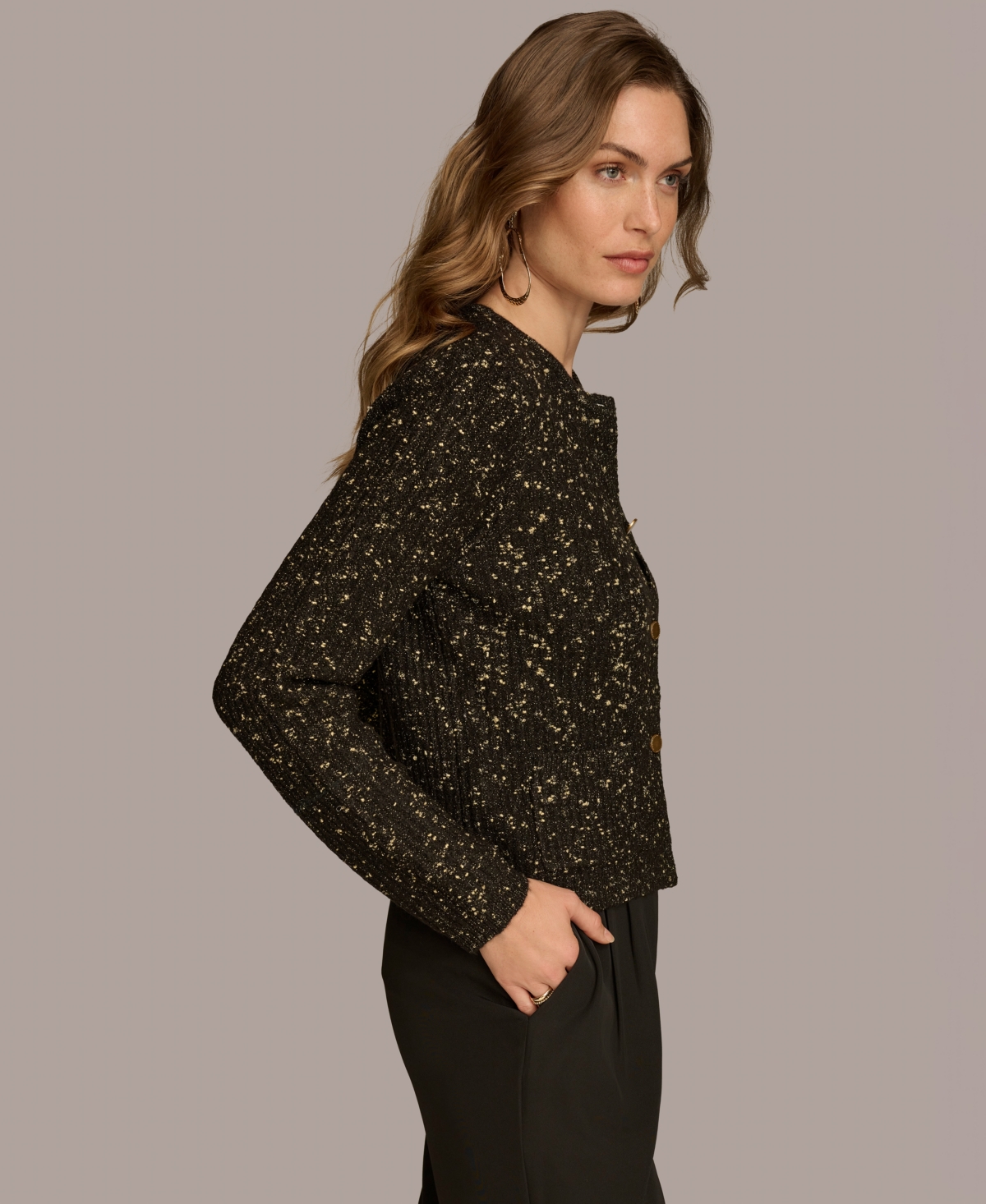 Donna Karan New York Women's Metallic Flecked Knit Cardigan -Gold