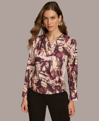 Donna Karan New York - Women's Printed Faux-Wrap Satin Blouse