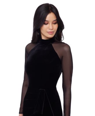 Petite Illusion-Sleeve Velvet Gown