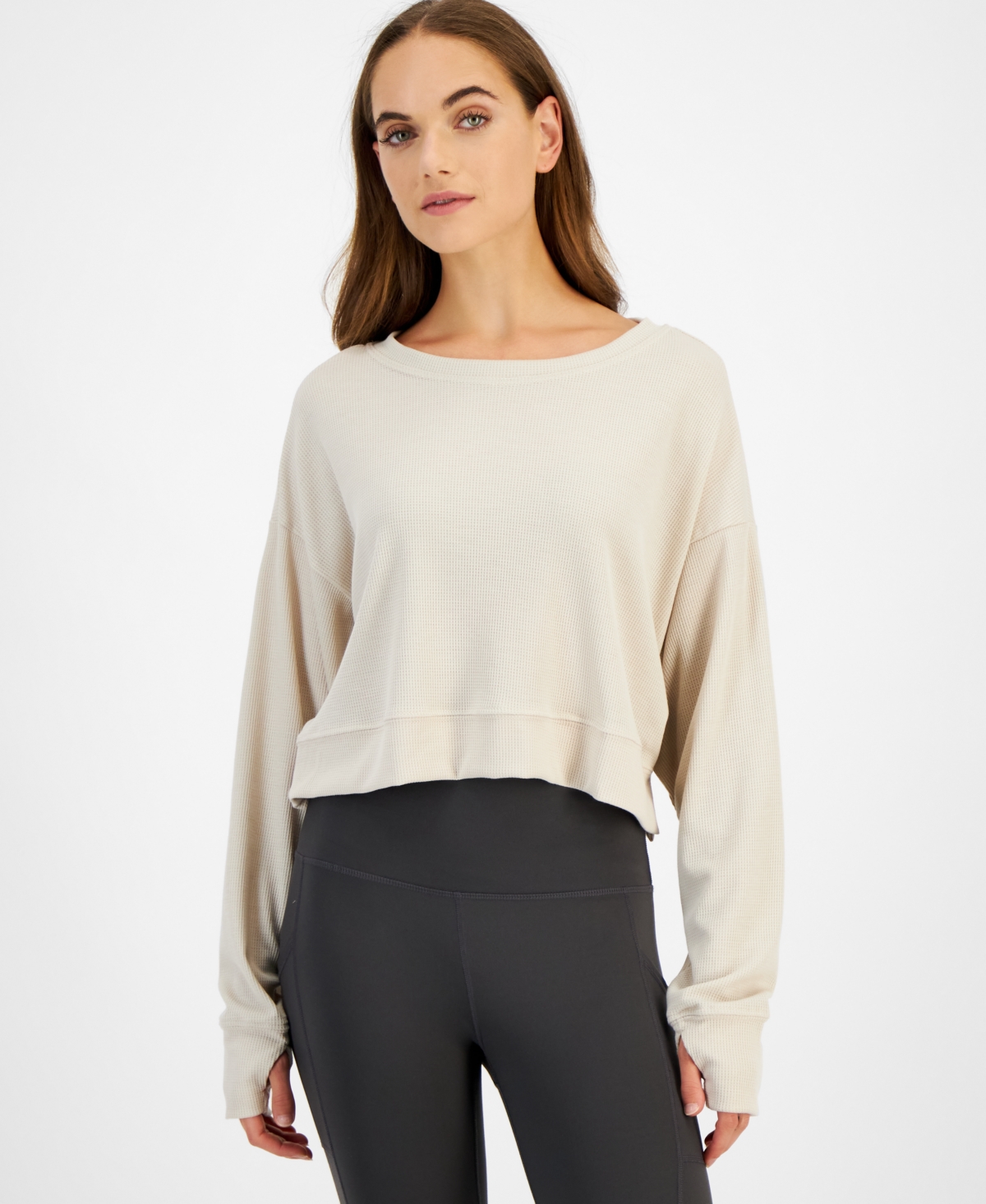 Women's Waffle-Knit Drop-Shoulder Top, Created for Macy's - Seashell