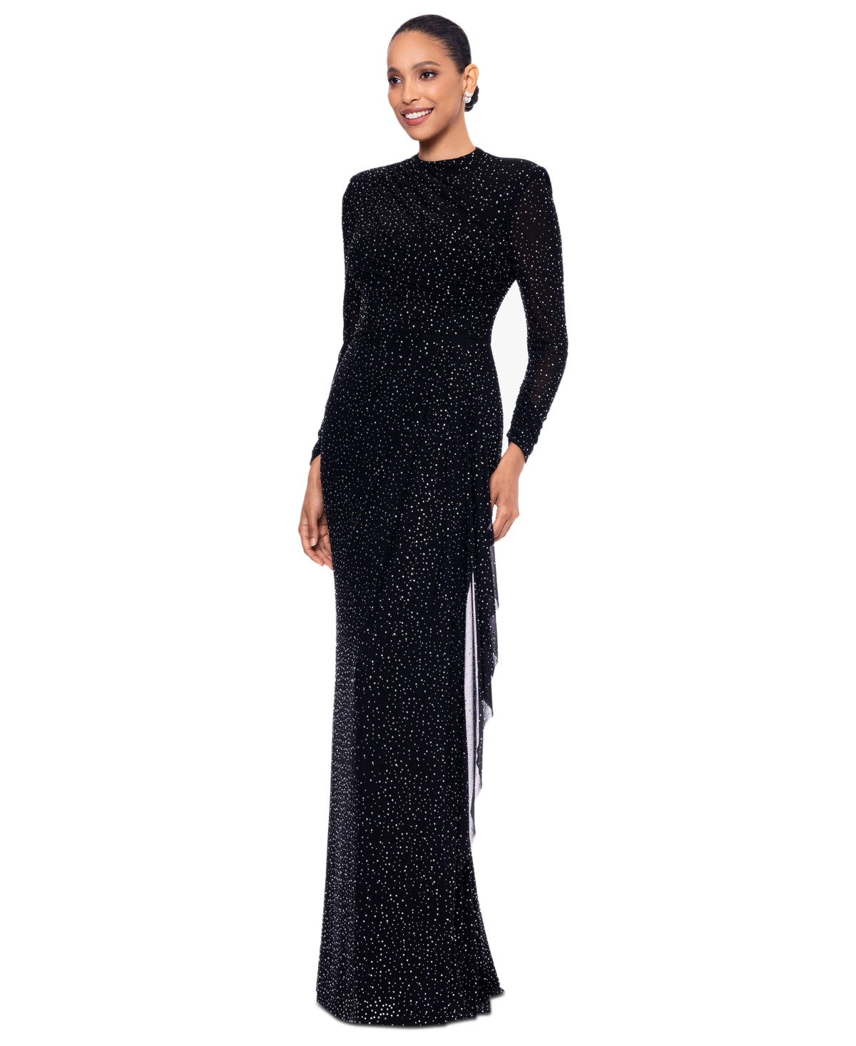 Betsy & Adam Rhinestone Long Sleeve Stretch Gown In Black,silver